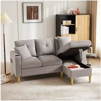Merax 3-Sitzer Ecksofa Eckcouch in L-Form Eckgarnitur, L-förmiges Sofa aus Baumwoll- und Leinenstoff, 175*129*90cm 1 Teile, 3-Sitzer-Sofa mit integriertem Stauraum, Getränkehaltern und 2 Kissen