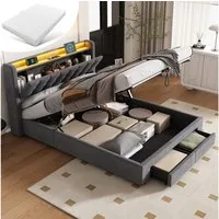 OKWISH Polsterbett mit Hydraulik, Schubladen, LED-Beleuchtung (Funktionsbett, 2-tlg., 140x200 cm, Samt, mit Matratze), 2 Steckdosen und 2 USB-Ladeanschlüssen