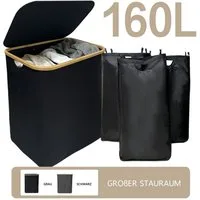 WAOHO Wäschekorb Zusammenklappbarer Wäschekorb mit Deckel, 3 Fächer, Wäschesäcke, 160L