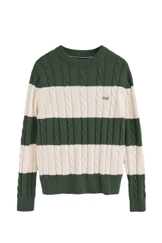 Strickpullover schlammgrün und ecru gestreift mit Zopfmuster und Polo Club-Patch