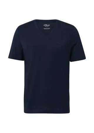 s.Oliver Red Label - Baumwoll-T-Shirt mit V-Ausschnitt und Logo blau - Gr. - M