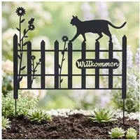 Levandeo® Gartenstecker Gartenstecker Metall Katze 37x40cm Garten Zaun Schwarz Willkommen Gart