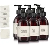 Oputec Seifenspender 6 x 300ml Seifenspender aus Kunststoff braun zum Befüllen + Etiketten