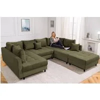 riess-ambiente Wohnlandschaft KENT 305cm grün/schwarz- inkl. Hocker & Kissen, Cord, Rundumbezug, FSC, Einzelartikel 1 Teile, XXL Couch in U-Form - ideal für große Wohnzimmer & Wohnbereiche