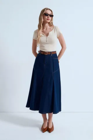 Hochtaillierter Midi A-Linien Denimrock