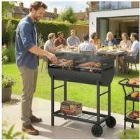 Outsunny Holzkohlegrill mit 2 Grillzonen, höhenverstellbarer Grillrost, Holzablage, Räder, Grillwagen, Holzkohle Grill, für Terrasse Picknick Party 103 x 46,5 x 100 cm Schwarz
