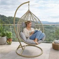 ESTEXO Hängesessel mit Gestell Polyrattan Hängekorb Rattan Hängestuhl Beige / Grau