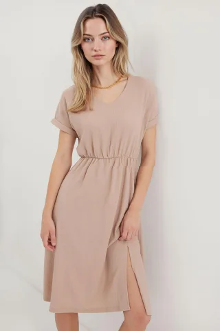 Texturiertes V-Ausschnitt Midi-Strickkleid mit Schlitz