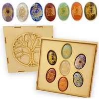 Lasernauten Edelstein Chakra XXL Edelstein-Set mit den 7 wichtigsten Steinen 3x4cm Holzbox, (Set mit 7 XXL Chakra-Steinen in einer Holzbox), Amethyst, Quarz, Lapis Lazuli, Jade, Tiger Eye, Peach Stone,Red Jasper