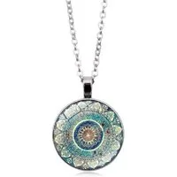RAIKOU Ohrring und Ketten Set Mandala rund, Boho Vintage Ohrringe/ Kette mit Mandala Muster, Glas Cabochon Ohrhänger 2,8 cm