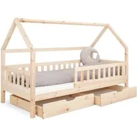 Ehrenkind Hausbett Lille aus massivem Kiefernholz inkl. Rausfallschutz und Rollrost (90x200 cm Natur, Hausbett mit optionalem Stauraum), 2 in 1 Aufbau bodentief oder Standardhöhe