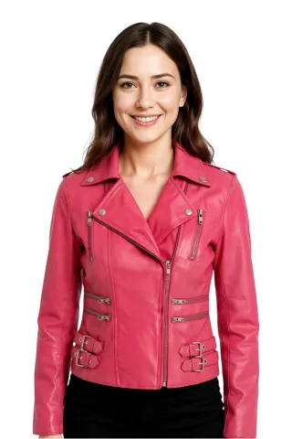 Damen Leder Fuchsia Pink Brando Bikerjacke-Constantia