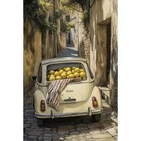 TPFLiving Kunstdruck OHNE RAHMEN, Italienische Landschaften - Mittelmeer Motife - Zitronen und Blumen - (Leinwandbild XXL), Farben: Farben: blau, gelb, grün, beige, weiß -Größe: 20x30cm