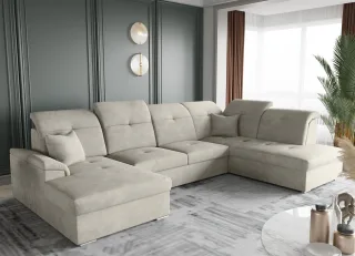 Wohnlandschaft Schlafsofa FREJA Stoff Brooklyn Beige Langer Schenkel Rechts