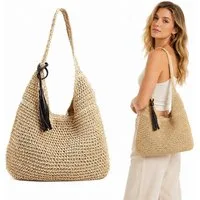 MOPUEA Strandtasche Strohtasche Damen Sommer Strandtasche Groß Gewebt Für Urlaub (Geflochtene Tote Bag Mit Großem Stauraum Für Alltag Und Reisen, 1-tlg., Rattan Umhängetasche Mit Kosmetiktasche Strand Und Freizeitlook), Boho Schultertasche Aus Stroh 