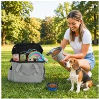 PawHut Tiertransportbox Reisetasche Hundetasche mit 2 Hundenäpfe, Reisen, Camping bis 0 kg, für Katzen Hunde 38 x 17 x 35 cm Hellgrau