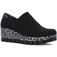 Celal Gültekin Keilabsatz Plateau Schuhe Damen Slip-on Stretch Schlupfform Keilsneaker Stretch, Leopardenmuster-Sohle, Schwarz/Grau/Leo, 39