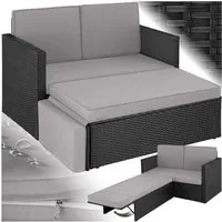 tectake Loungeset Rattan Sitzgruppe inkl. Hocker mit klappbarer Stütze, 2-Sitzer, (Gartenlounge-set Korfu, 2-tlg., geeignet für Outdoor in Schwarz/Grau), widerstandsfähig und UV-beständig, Dicke der Polster 8 cm