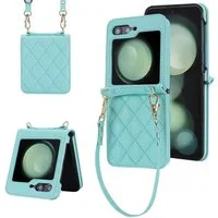 Wigento Handyhülle Für Samsung Galaxy Z Flip7 Design Schutz Hülle Rhombus Textur Türkis, Schutzhülle mit Rhombus-Textur und Lanyards