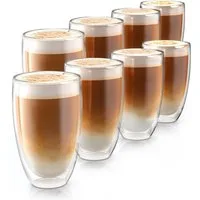 Arendo Gläser-Set doppelwandige Thermogläser, 450 ml Kaffeetasse, Trinkglas ohne Henkel, 8-tlg., Glas, für Latte Macchiato, Cappuccino, Tee, hitzebeständig spülmaschinenfest