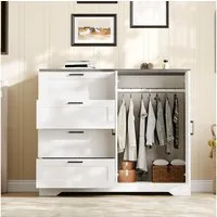 GarveeMore Kleiderschrank Niedriger Sideboard mit 2 Türen & 4 Schubladen, Weiß & Braun (120×50×110 cm) Kippsicherung, Metallgriffen, viel Stauraum für Schuhe, Kleidung, Hüte