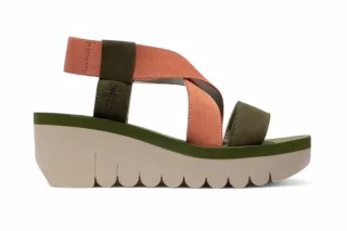 Fly London Damen YABI922FLY Grün Roségold Cupido Ledersandalen Espadrille Plateau Wedges