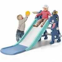 GARRYFIZH Rutsche 3-in-1 Kinderrutsche klappbar mit Basketballkorb, Blau/Grau, ab 3 J., Klappbar & Kompakt, Indoor & Outdoor, Stabil & Sicher