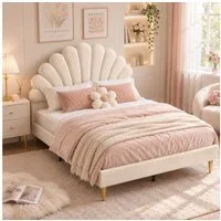 Simurq Polsterbett Kinderbett für Mädchen Jugendbett 140x200 cm Muschelbett Samt (1-tlg), Mädchenbett Doppelbett, mit Blumenform-Kopfteil und Lattenrost