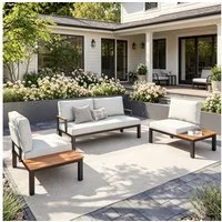 PHI VILLA Gartenlounge-Set, (Balkonmöbel Outdoor Ecksofa, Metall Gartenmöbel Set), Außen Gartensofa Wetterfest mit Couchtisch und Kissen, Beige-Grau