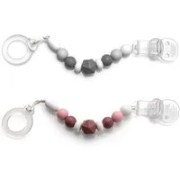 MiaMia Schnuller Grau Beere, 2x Schnullerkette Schnullerband mit Silikon Perlen, Gummiring & Clip