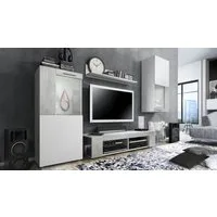 Vladon Wohnwand Movie, (Anbauwand, bestehend aus 1 TV-Board, 2 Vitrinen und 1 Regal), Weiß matt/Weiß matt/Beton Oxid-Optik (Gesamt: 300 x 190 x 39 cm)