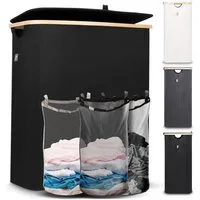 HENNEZ Wäschekorb Wäschebox 150L - Wäschekorb 3 Fächer mit Deckel, Wäschesortierer mit Wäschesack, schwarz Bambus
