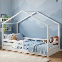 Bellabino Hausbett Abia mit Lattenrost und Rausfallschutz (weiß, optional mit Matratze), Bodenbett 90x200 cm, verfügbar in verschiedenen Ausführungen