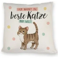 speecheese Dekokissen Beste Katze der Welt Kissen mit brauner Katze Katze und Spruch