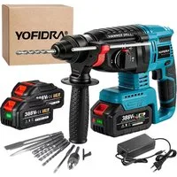 Yofidra Akku-Bohrhammer Bürstenloser SDS-plus Schlagbohrmaschine mit Bohrmeißel, 2x Akku 4 in 1 Funktionen für den Heimgebrauch und Bauarbeiten