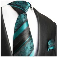 Paul Malone Krawatte Herren Seidenkrawatte Schlips mit Tuch barock gestreift 100% Seide (Set, 2-St., Krawatte mit Einstecktuch) Breit (8cm), petrol blau schwarz 2035