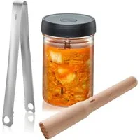 GEFU Fermentationsglas NATIVO, Borosilikatglas, Edelstahl, Holz, Kunststoff, Silikon, (Set, 5-tlg), 1L Fermentationsglas mit Deckel, Beschwerungsgewicht, Stößel und Zange