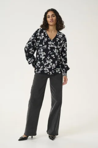 Kurzarm-Bluse Baggy fit Marine Flower floral