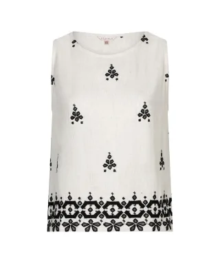 Esqualo - Ärmelloses Top mit Ethno-Stickerei und Rundhalsausschnitt beige/schwarz - Gr. - XS