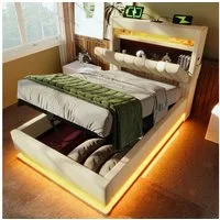 Odikalo Stauraumbett Polsterbett Jugendbett Kopfteil USB Hydraulik 90-180x200cm Beige/Grau