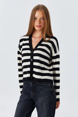 Gestreifter V-Ausschnitt Knopf-Cardigan