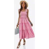 Imily Bela Trägerkleid Damen Sommer Blumendruck Maxikleid rosa Schleifenträgern Ärmellos (Packung, 1-tlg., 1per-Pack) mit gerafftem Oberteil und mehrlagigen Rüschen