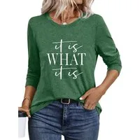 PYLIKE Longsleeve Damen bequemes Basic Rundhalsshirt mit Brief Print Langarmshirt Geeignet für den täglichen Gebrauch im Büro und zu Hause