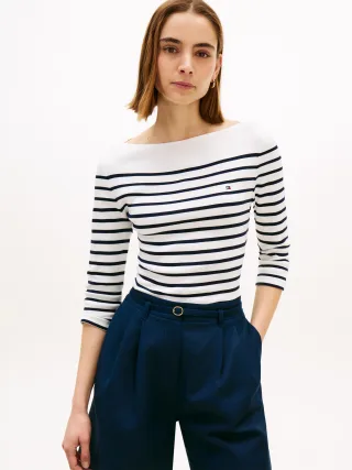 SLIM CODY BOAT-NK 3/4SLV Ecru/Dark Night Navy Stripe - Gr. - S