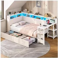 MSMASK Polsterbett mit LED-Beleuchtung, Ladestation & Schreibtisch, Schlafsofa, Daybett, Jugendbett mit 2 Schubladen und 6 Staufächern, 90x200cm