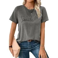 PYLIKE Print-Shirt Damen bequemes Casual Kurzarmbluse “Smile” Print-Shirt Bequem für Freizeit und Büro,Strandurlaub