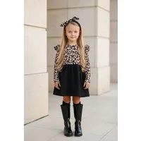 Parla Kids Kleid & Haarband Kleid - schwarz Leopardenmuster - Rüschensaum und passendes Haarband