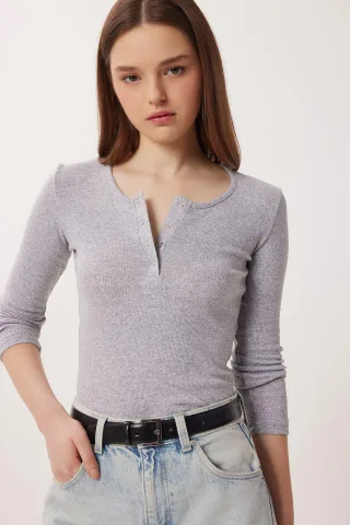 Slim Fit U-Ausschnitt Langarmbluse