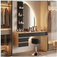 HOMALL Schminktisch Hängender Schminktisch mit drei einstellbaren Farbtemperaturen (LED-Silikon-Lichtleiste in drei Farben, Maße: 106 × 40 × 143 cm, mit 3 offenen Ablagefächern und 2 Schubladen, für vielfältige Einsatzmöglichkeiten geeignet)