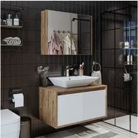 Roomart Badmöbel-Set ATLANTIC Waschtisch + Spiegelschrank + Keramik-Aufsatzwaschbecken, (ATLANTIC – Unterschrank + Spiegelschrank + Waschbecken), feuchtigkeitsbeständig, Spiegelschrank mit Stauraum, DHL-Lieferung